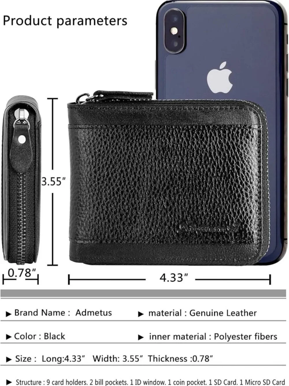Men's RFID Blocking Leather Bifold Wallet with Zipper, Card Holder & Secure